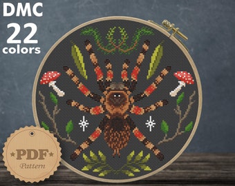 Mexican Red Knee Tarantula Cross Stitch Pattern: Insect Cottagecore Decor (PDF Pattern)