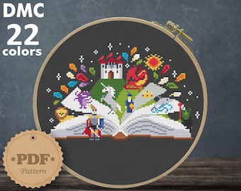 May include: A cross-stitch pattern featuring a book with a castle, unicorn, dragon, and other magical creatures emerging from it. The pattern is designed for Aida 14 count fabric and measures 7.64 x 5.14 inches or 107 x 72 stitches. The pattern is available as a PDF download.