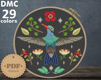 Schema punto croce Colibrì in fiore: decorazione per uccelli Cottagecore (schema PDF)