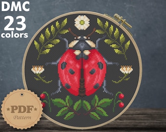 Ladybug cross stitch pattern PDf, Ladybird cross stitch, Beetle cross stitch, Cottagecore decor, Insects home decor, Entomologist gift