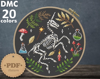Wzór haftu krzyżykowego: Szkielet Jednorożca: Magiczna dekoracja na Halloween (wzór PDF)