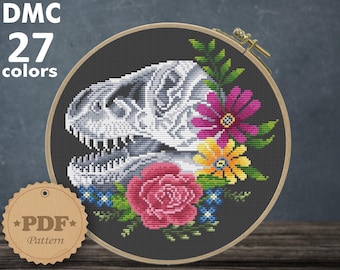 Floral T-Rex Skull Cross Stitch Pattern: Dinosaur DIY (PDF Pattern)