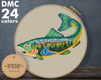 Fish cross stitch pattern, Modern cross stitch pattern PDF, Fishing cross stitch PDF, River cross stitch pattern, Nature cross stitch