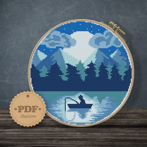 Fishing cross stitch pattern, Modern cross stitch pattern PDF, Night landscape cross stitch, Nature cross stitch , Forest cross stitch