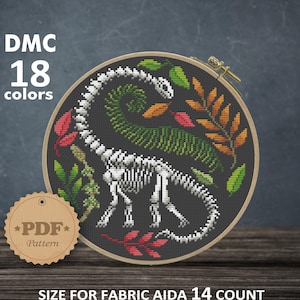 Brachiosaurus skeleton cross stitch pattern PDf, Dinosaur cross stitch, Leaves cross stitch, Floral dinosaur cross stitch, Dino wall decor