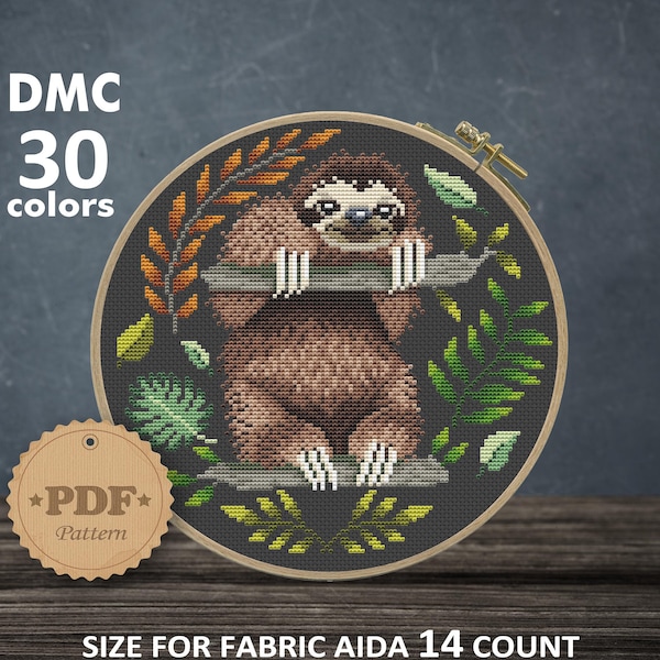 Sloth Cross Stitch pattern PDF, Modern cross stitch, Three-toed Sloth cross stitch, Cottagecore wall decor, Nursery Decor, Instant download