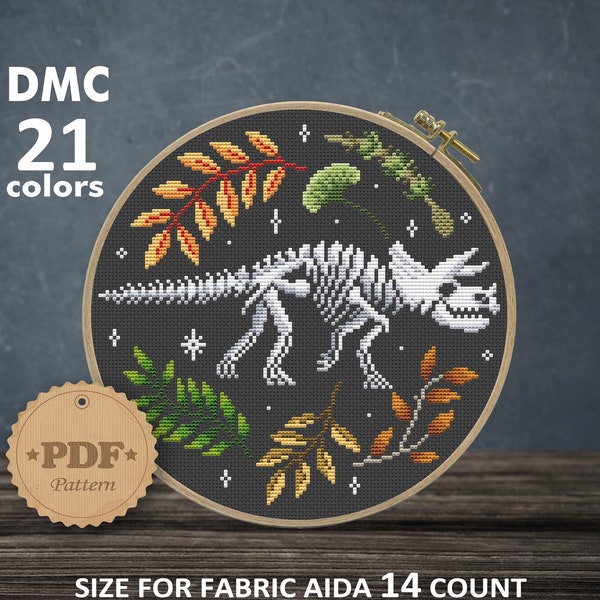 Triceratops skeleton cross stitch pattern PDf, Dinosaur cross stitch, Halloween cross stitch, Floral bones cross stitch, Dino wall decor DIY