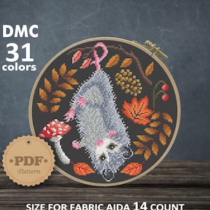 Opossum Cross Stitch pattern PDF, Mushrooms cross stitch, Autumn Cross Stitch, Cottagecore decor, Amanita cross stitch, Autumn wall decor