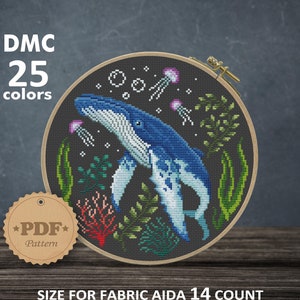 Blue Whale cross stitch pattern, Modern cross stitch PDF, Jellyfish cross stitch, Ocean cross stitch, Whale wall decor DIY, Whale lover gift