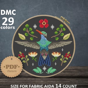Hummingbird cross stitch pattern PDf, Modern cross stitch pattern, Cottagecore decor, Blooming Hummingbird, Bird wall decor Hummingbird gift