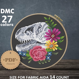 T-rex skull cross stitch pattern PDf, Dinosaur cross stitch, Halloween cross stitch, Tyranosauraus cross stitch, Floral Dino wall decor DIY