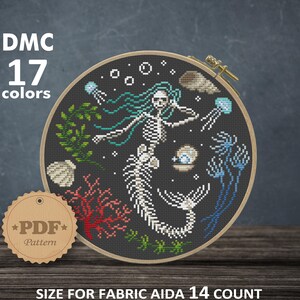 Mermaid Skeleton Cross Stitch Pattern: Magic Halloween Decor (PDF Pattern) image 1