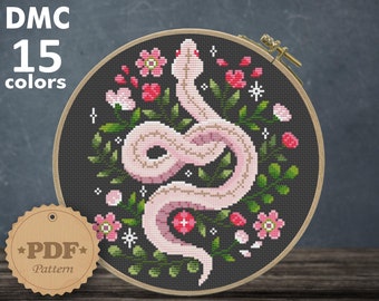 Floral snake cross Stitch pattern PDF, Modern cross stitch, Mystical snake cross stitch, Cottagecore decor, Serpent Cross Stitch pattern