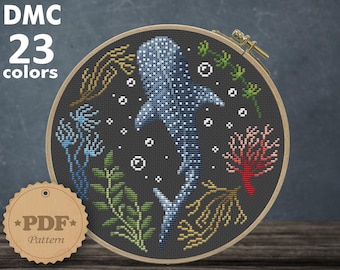 Whale shark cross stitch pattern, Modern cross stitch PDF, Sealife cross stitch, Ocean cross stitch, Whale wall decor DIY, Shark lover gift
