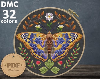Yellow butterfly cross stitch pattern PDf, Apatura ilia cross stitch pattern, Cottagecore decor, Blooming butterfly, Insect wall decor DIY