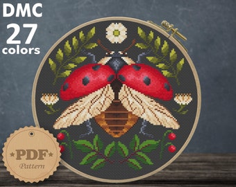 Ladybug beetle cross stitch pattern PDf, Ladybird cross stitch, Entomology cross stitch pattern, Cottagecore decor, Insects embroidery