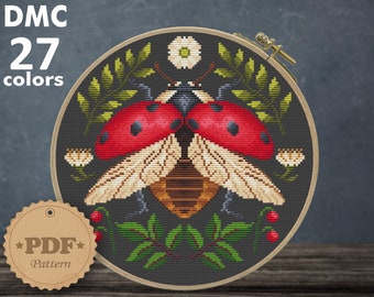 Modèle de point de croix coccinelle : broderie d'insectes cottagecore (modèle PDF)