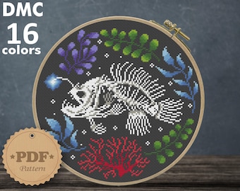 Angler Fish Skeleton Cross Stitch Pattern: Halloween Decor (PDF Pattern)