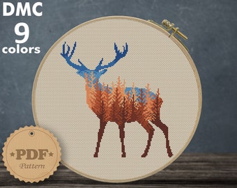 Forest cross stitch pattern PDF, Modern cross stitch pattern, Deer silhouette cross stitch, Animal cross stitch, Autumn forest cross stitch