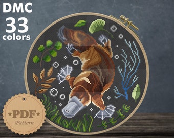 Schattig vogelbekdier-kruissteekpatroon, Cottagecore-dierenborduurwerk (pdf-patroon)