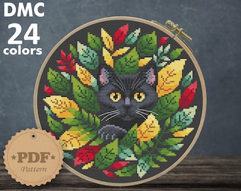 Black Cat in Leaves Cross Stitch Pattern, Cottagecore Decor (PDF Pattern)