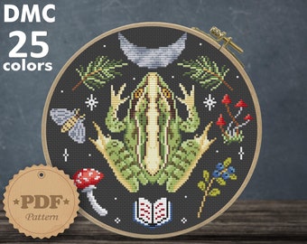 Witch frog cross Stitch pattern PDF, Toad cross stitch, Goblincore embroidery, Cottagecore decor, Luna Moth cross stitch, Mushroom Decor DIY