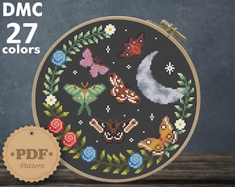 Moths and Moon Cross Stitch Pattern: Floral Luna Moth (PDF)