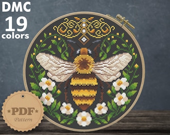 Floral Bee cross stitch pattern PDf, Bee embroidery art, Flower cross stitch pattern, Bee lover gift, Honey bee embroidery, Bee wall decor