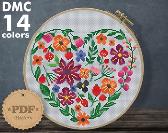 Flower heart cross stitch pattern PDF, Floral cross stitch, Modern cross stitch pattern, Nature cross stitch pattern, Forest cross stitch