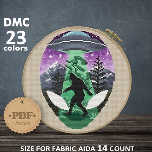 Alien cross stitch pattern PDF, Modern cross stitch pattern, Bigfoot cross stitch, UFO cross stitch pattern, Forest cross stitch