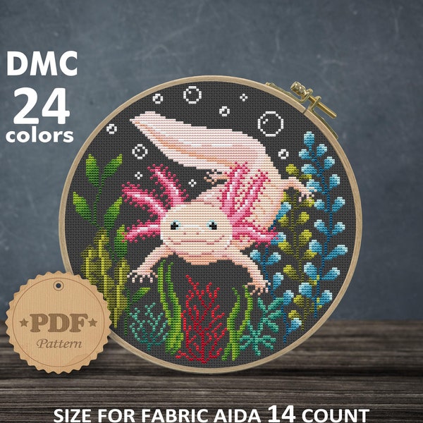 Patrón de punto de cruz Axolotl PDF, Punto de cruz moderno, Punto de cruz lindo salamandra, Decoración Cottagecore, Regalo amante de Axolotl, Decoración de habitación para niños