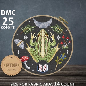 Witch frog cross Stitch pattern PDF, Toad cross stitch, Goblincore embroidery, Cottagecore decor, Luna Moth cross stitch, Mushroom Decor DIY