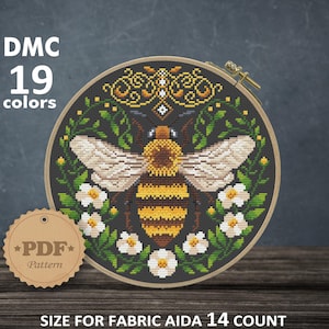 Floral Bee cross stitch pattern PDf, Bee embroidery art, Flower cross stitch pattern, Bee lover gift, Honey bee embroidery, Bee wall decor