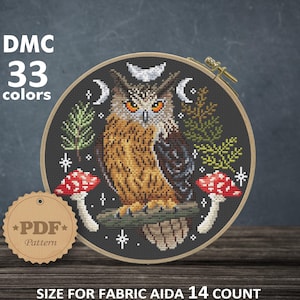 Owl cross stitch pattern PDf, Fly agaric cross stitch, Modern cross stitch pattern, Toadstool cross stitch, Amanita mushroom cross stitch