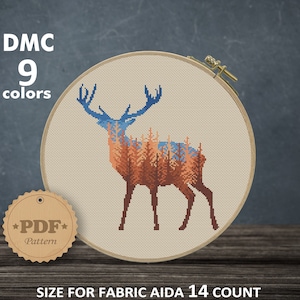 Forest cross stitch pattern PDF, Modern cross stitch pattern, Deer silhouette cross stitch, Animal cross stitch, Autumn forest cross stitch image 1