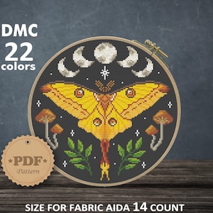 May include: A cross-stitch pattern featuring a yellow luna moth with a crescent moon and stars on a black background. The pattern is 110 x 112 stitches and measures 7.86 x 8.00 inches.