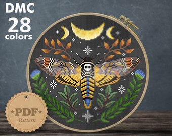 Death's head hawkmoth cross stitch pattern PDf, Moon Phase cross stitch pattern, Butterfly cross stitch pattern, Insect cross stitch pattern