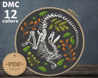 Velociraptor skeleton cross stitch pattern PDf, Dinosaur cross stitch, Halloween cross stitch, Floral raptor cross stitch, Dino wall decor