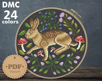 Hare Floral Cross Stitch Pattern: Cottagecore Rabbit Embroidery (PDF Pattern)