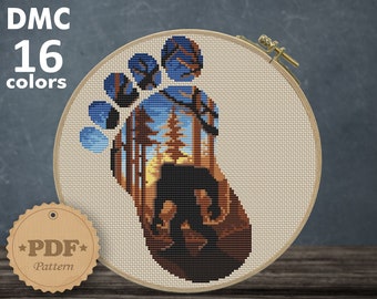 Yeti Footprint Cross Stitch Pattern: Bigfoot Silhouette, Forest Nature (PDF Pattern)