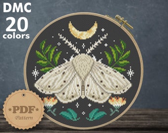 White Ermine Luna Moth cross stitch pattern PDf, Moon Phase cross stitch, Butterfly cross stitch pattern, Gothic cross stitch DIY Home decor