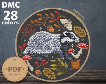 Badger Cross Stitch Pattern: Luna Moth, Mushroom, Cottagecore (PDF Pattern)