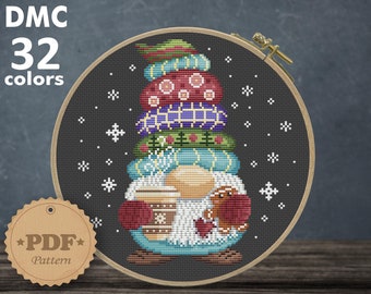 Christmas gnome cross stitch pattern PDF, Funny Gnome cross stitch, Merry christmas embroidery, Scandinavian Christmas, Nordic gnome pattern