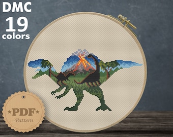 May include: Cross stitch pattern featuring a green dinosaur with a volcano erupting behind it. The pattern is for 115 x 63 stitches and uses 19 colors. The pattern is for Aida 14 count fabric and measures 8.21 x 4.50 inches.