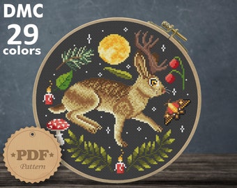 Jackalope Cross Stitch Pattern: Cryptid Halloween Decor (PDF Pattern)