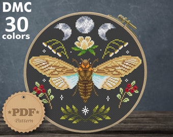 Cicada cross stitch pattern PDf, Moon Phase cross stitch, Faux Taxidermy cross stitch, Butterfly cross stitch, Entomology wall decor DIY