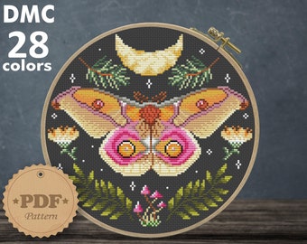Madagascan Emperor Moth cross stitch pattern PDf, Floral moth cross stitch, Entomology cross stitch, Witchy Butterfly, DIY Home decor