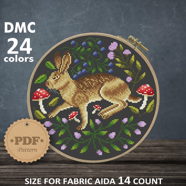 Hare Cross Stitch pattern PDF, Modern cross stitch, Witchy Rabbit cross stitch, Cottagecore decor, Brown hare embroidery Floral cross stitch