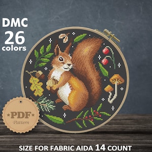 Squirrel cross stitch pattern PDF, Animal cross stitch, Cute Squirrel embroidery, Cottagecore decor, Animal wall decor, Squirrel lover gift