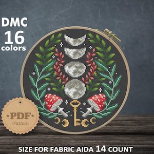 Moon Phases Cross Stitch Pattern: Floral Amanita Embroidery (PDF Pattern)